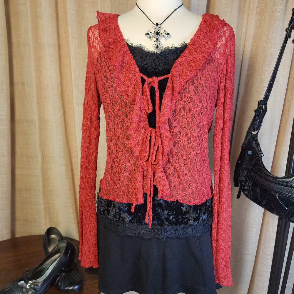 Thirty Thirty LA Red Floral Lace Ruffle Tie Front Cardigan Top XL Nylon Spandex